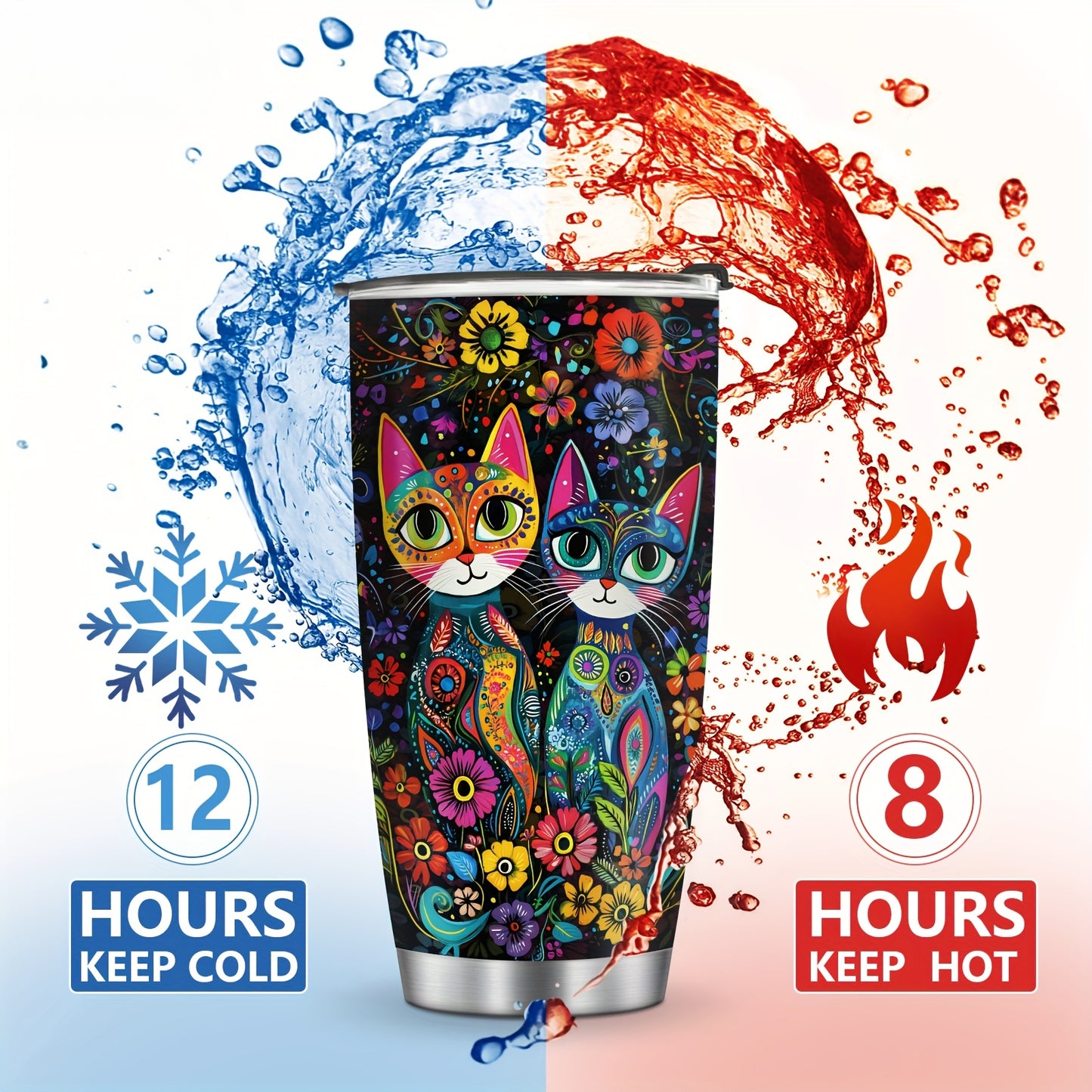 Vintage Cat & Flowers Tumbler - 20oz Retro Insulated Stainless Steel Travel Mug, Leakproof, Reusable Coffee Cup, Perfect Gift for Cat Lovers, Moms, Dads
