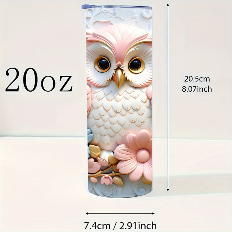 3D Owl Floral Tumbler 20oz - Insulated Stainless Steel Travel Mug with Lid | Vivid Artistic Design, Keeps Drinks Hot/Cold for Home, Commute & Outdoors