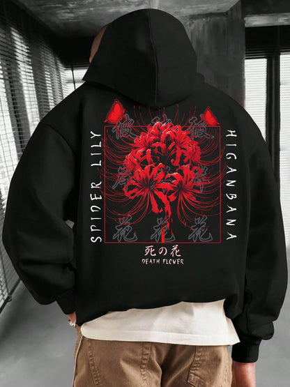 Men's Gothic Floral Hoodie - Skull & Rose Graphic Print Pullover | Dark Academia & Streetwear Style with Kangaroo Pocket