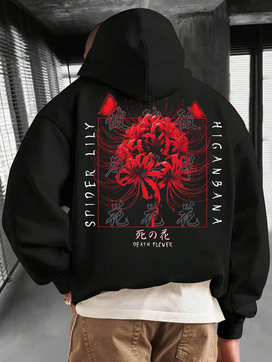 Men's Gothic Floral Hoodie - Skull & Rose Graphic Print Pullover | Dark Academia & Streetwear Style with Kangaroo Pocket