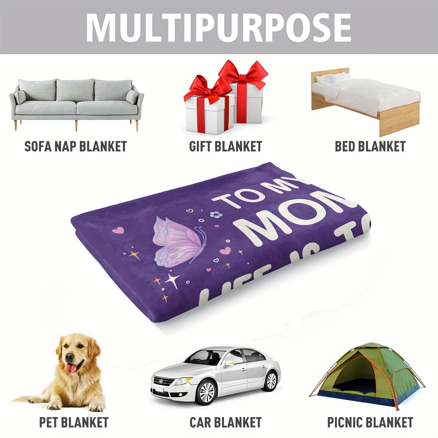 Mother's Day Gift Blanket - Ultra Soft Purple Flannel Throw, Christmas & Thanksgiving Present for Mom from Family