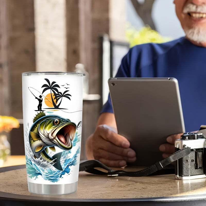 Eat Sleep Fish Repeat 20oz Travel Mug - Insulated Stainless Steel Tumbler with Clear Lid, Double Wall Vacuum for Hot & Cold Drinks - Perfect Fishing Gift for Anglers, Men, Dad - Coffee Tea Outdoor Cup