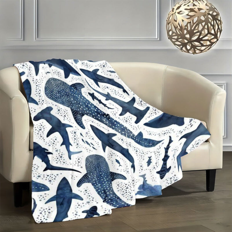 Shark & Ocean Flannel Throw Blanket | Deep Blue Print for Plush Blankets, All-Season Comfort