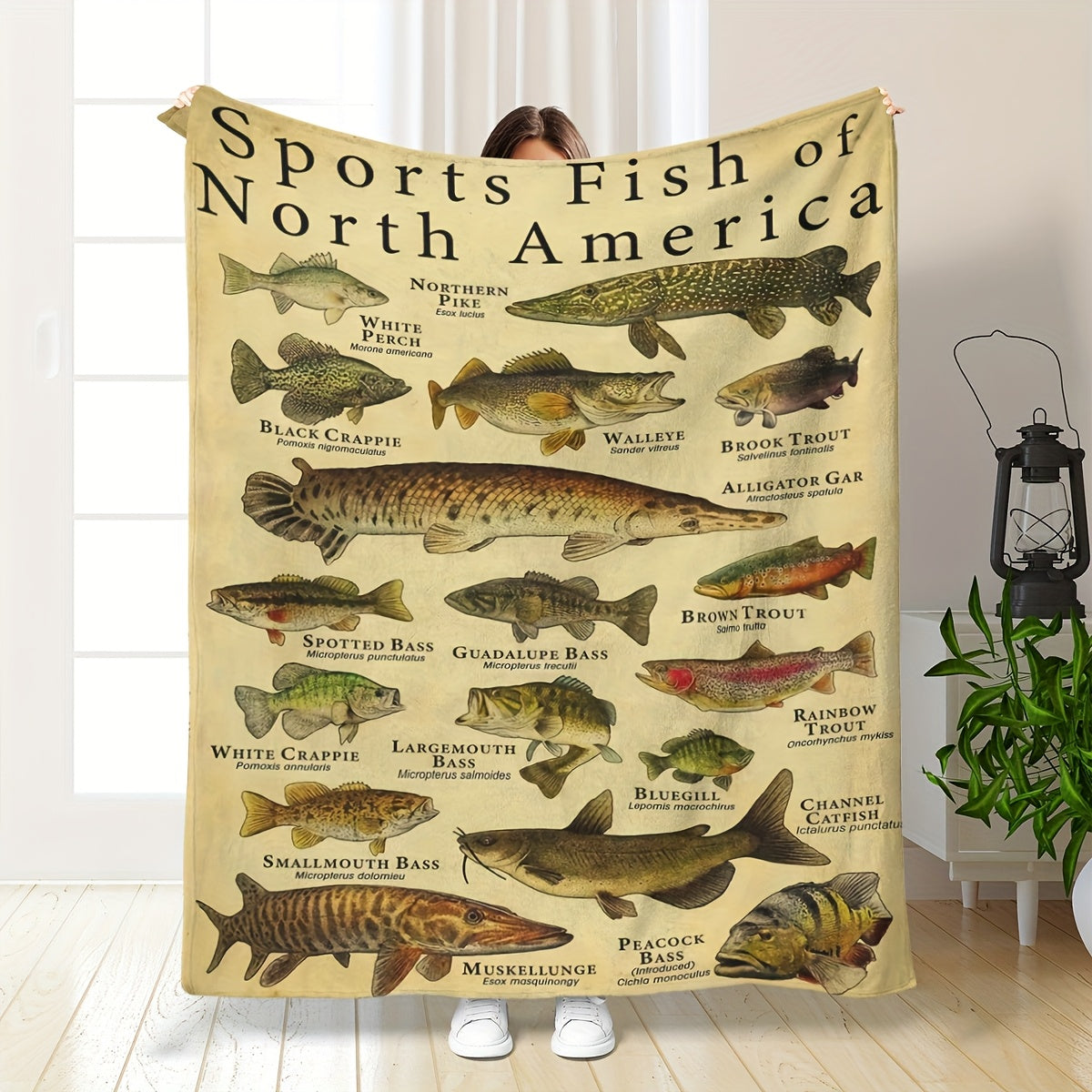 North American Sport Fish Print Blanket - Trout, Bass & Walleye HD Illustration, Lightweight Flannel for Fishing Camping, Cabin & Man Cave Decor