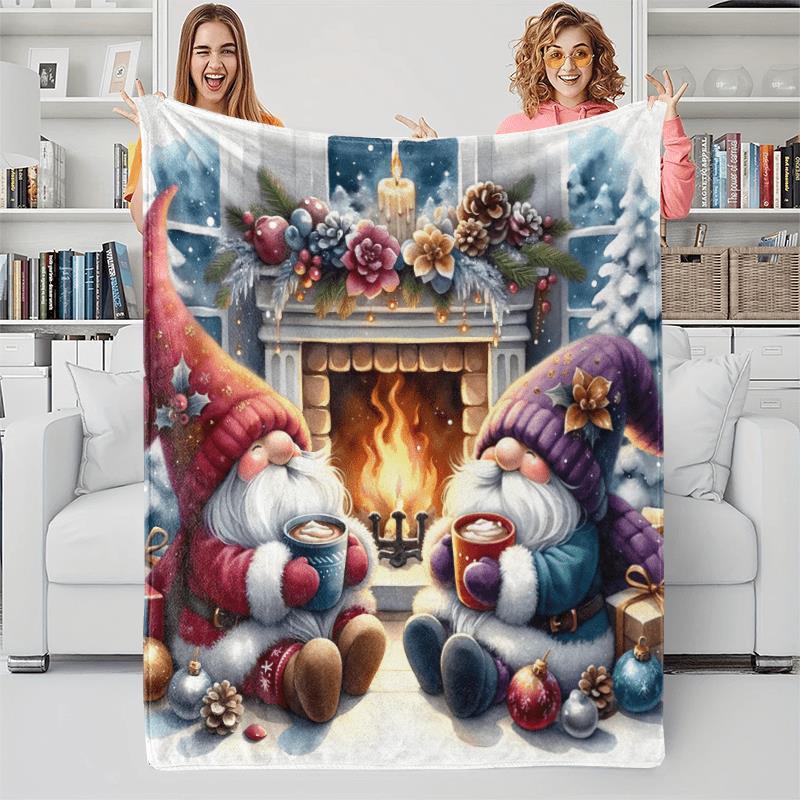 Christmas Gnome by the Fireplace Flannel Blanket - Multi-Color Soft Throw for Sofa, Bed, Travel & Holiday Gifting