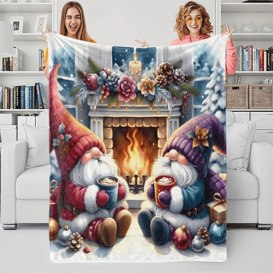 Christmas Gnome by the Fireplace Flannel Blanket - Multi-Color Soft Throw for Sofa, Bed, Travel & Holiday Gifting