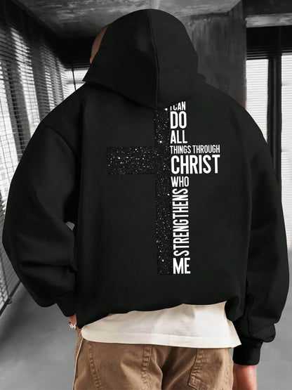 Modern Geometric Hoodie for Men - All-Season Pullover with Letter Pattern, Cozy & Machine-Washable | Essential Casual Streetwear