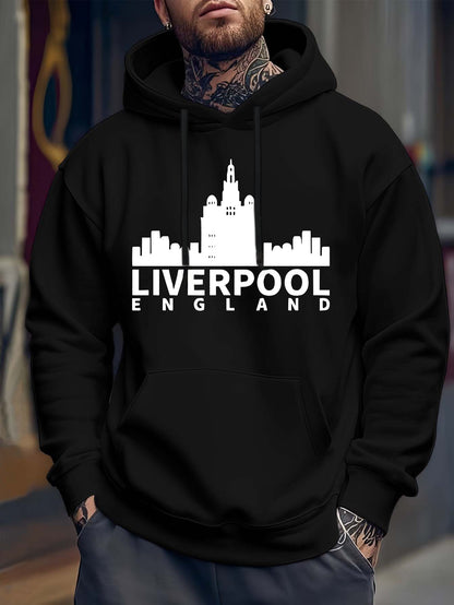 Liverpool Skyline Hoodie - Urban Badge Print, Black Statement Streetwear Trend Hooded Sweatshirt for Men