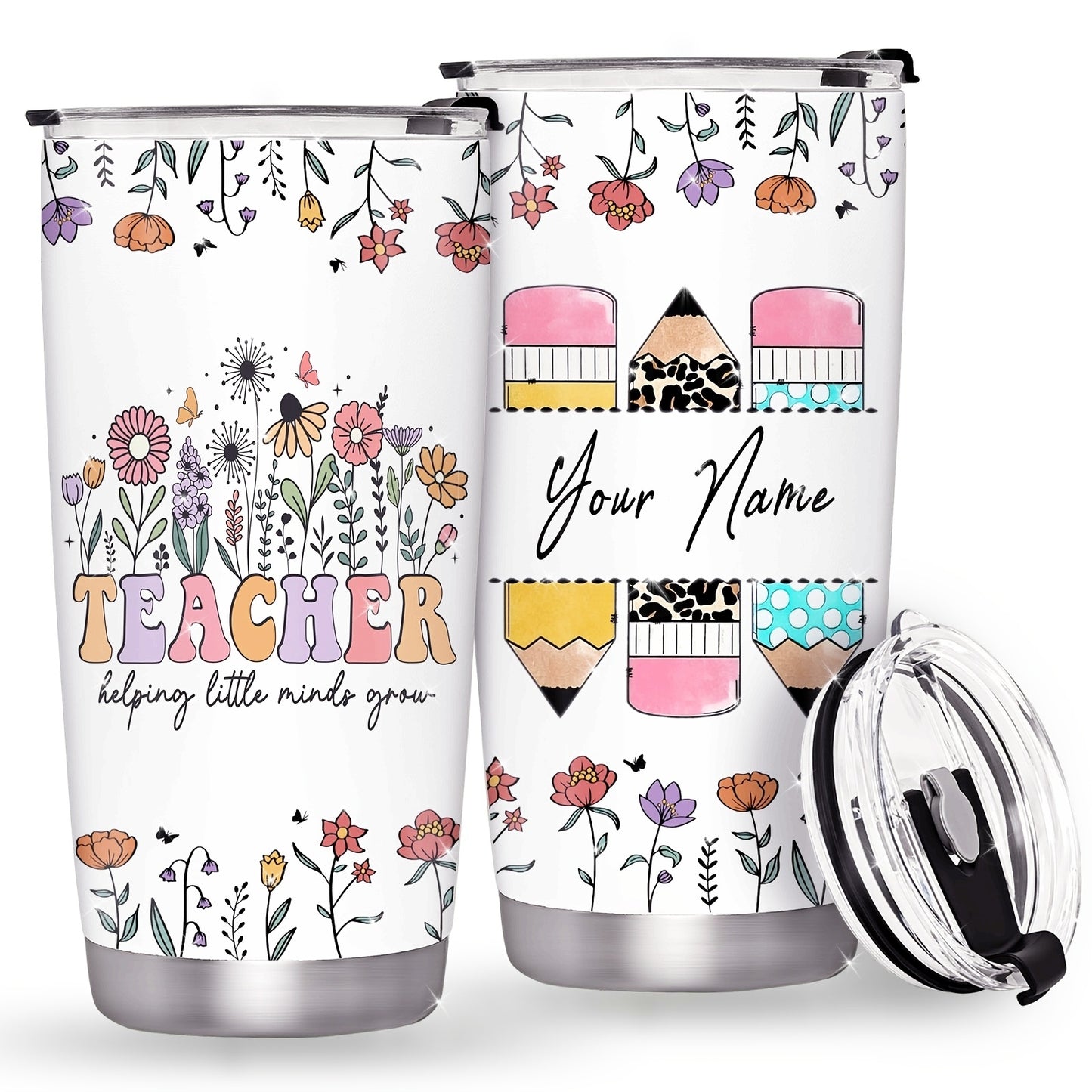 Personalized Teacher Tumbler - Custom Name 20oz Insulated Stainless Steel Mug | Floral & Pencil Design for Teacher Appreciation, Back to School & End of Year Gifts from Students