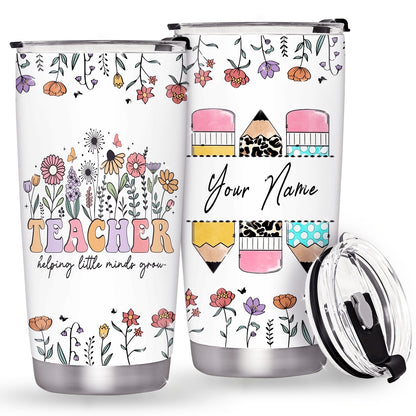 Personalized Teacher Tumbler - Custom Name 20oz Insulated Stainless Steel Mug | Floral & Pencil Design for Teacher Appreciation, Back to School & End of Year Gifts from Students