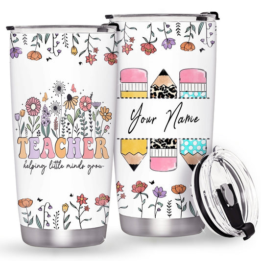 Personalized Teacher Tumbler - Custom Name 20oz Insulated Stainless Steel Mug | Floral & Pencil Design for Teacher Appreciation, Back to School & End of Year Gifts from Students
