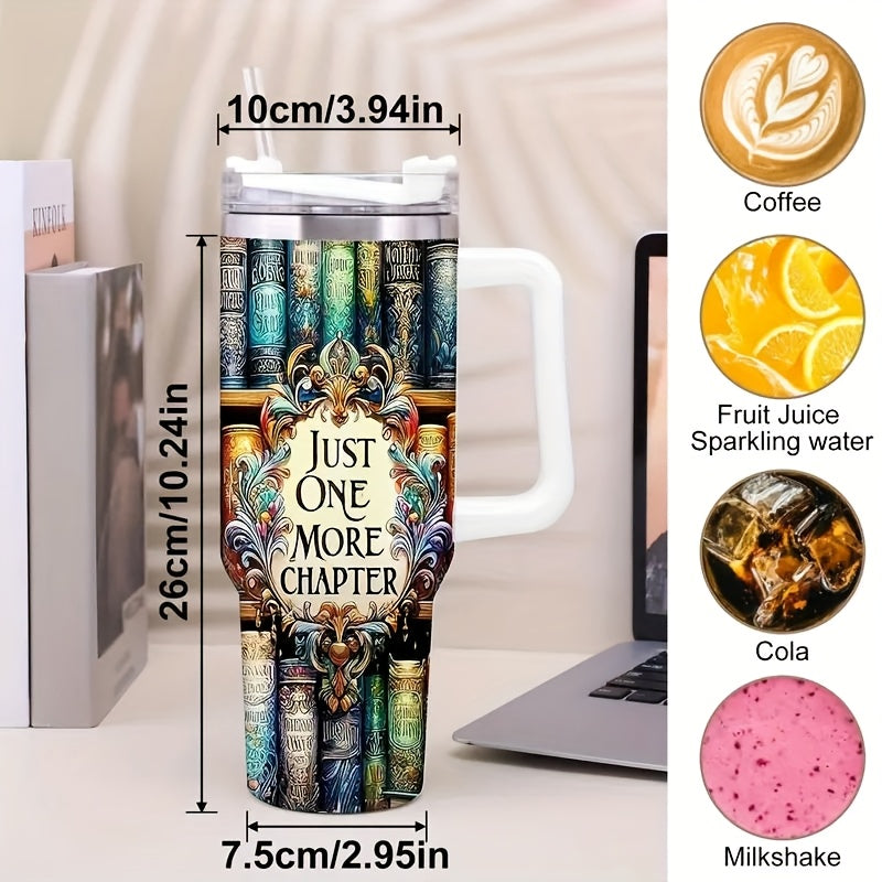 40oz Stainless Steel Car Tumbler - Printed Vibrant Bookshelf Art, Double-Wall Vacuum Insulated Coffee Mug, Christmas Gift