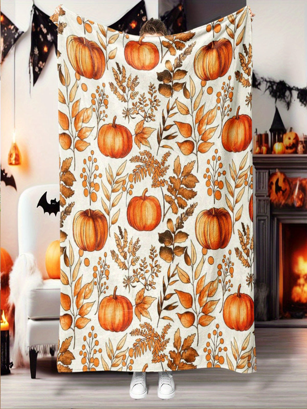 Pumpkin Leaf Flannel Throw - All-Season Soft & Warm Blanket for Bed, Sofa, Camping, Multi-Use Fall Gift