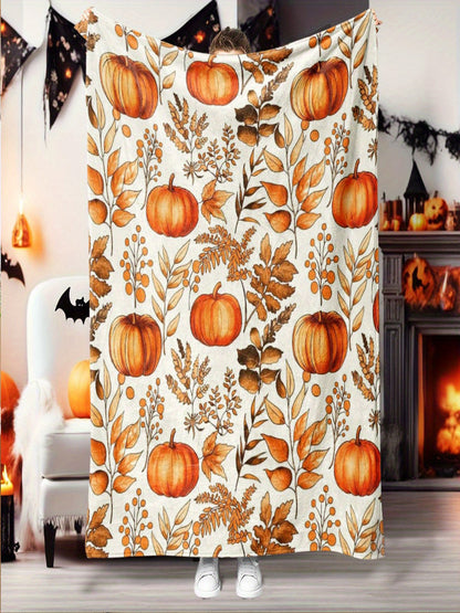 Pumpkin Leaf Flannel Throw - All-Season Soft & Warm Blanket for Bed, Sofa, Camping, Multi-Use Fall Gift