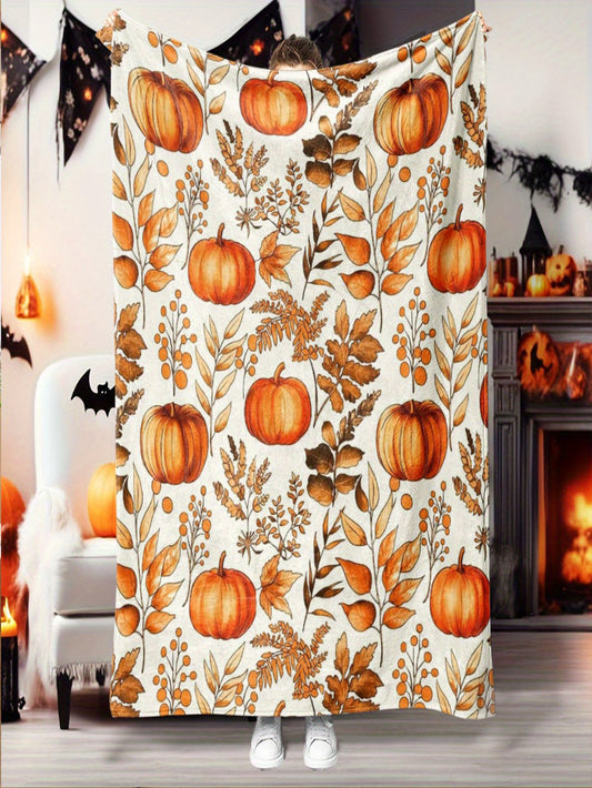Pumpkin Leaf Flannel Throw - All-Season Soft & Warm Blanket for Bed, Sofa, Camping, Multi-Use Fall Gift