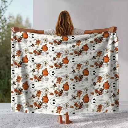 Haunted Garden Flannel Throw Blanket - Elegant Spooky Ghost & Pumpkin Print, Year-Round Soft Warmth, Premium Halloween Decor & Gift