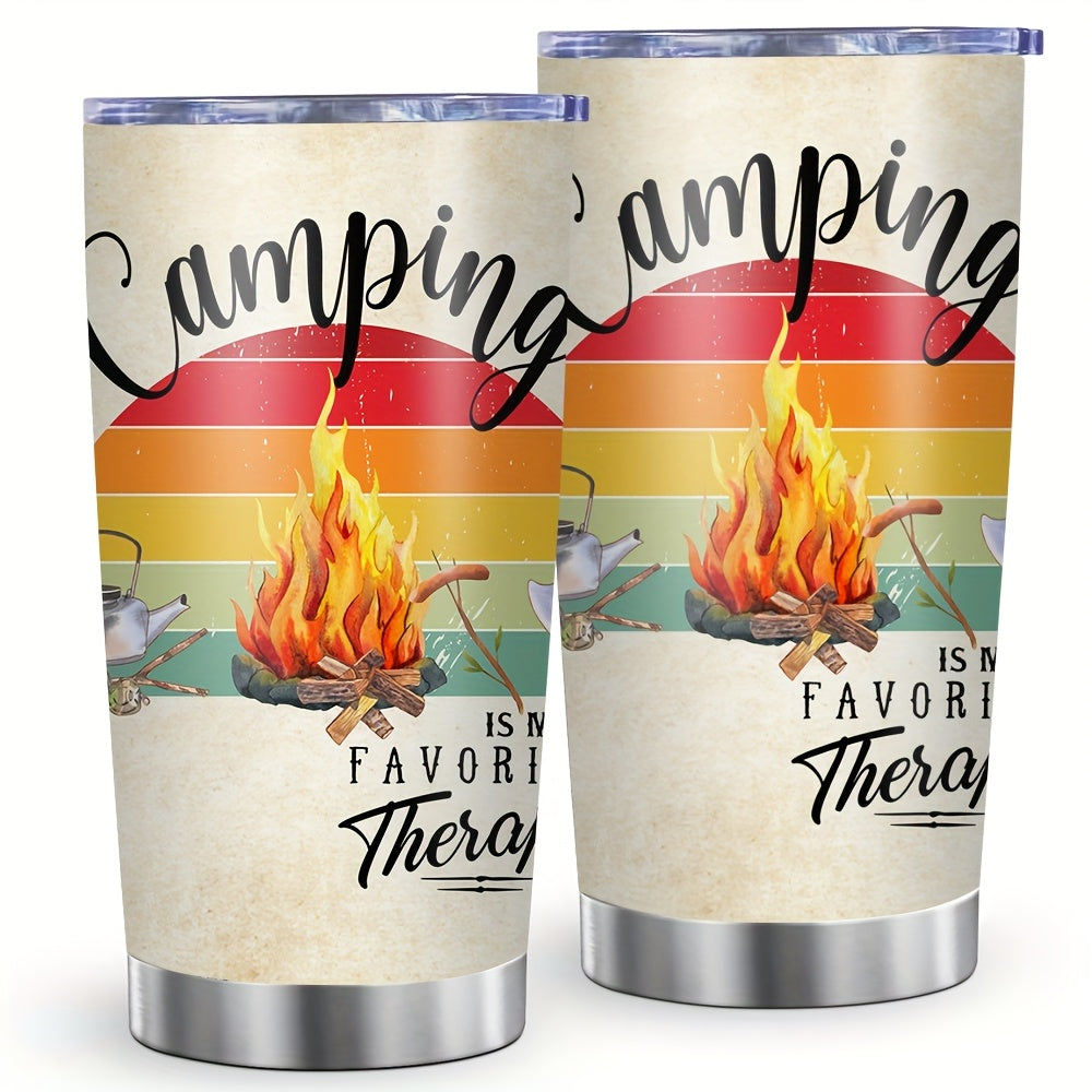 Camping Bonfire Print Tumbler 20oz - Wide Mouth Stainless Steel Insulated Cup, Leak-Proof Lid for Hot & Cold Drinks, Perfect for BBQs, Hiking, Outdoor Gifts