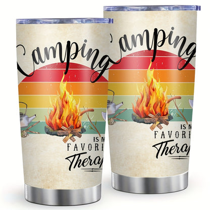 Camping Bonfire Print Tumbler 20oz - Wide Mouth Stainless Steel Insulated Cup, Leak-Proof Lid for Hot & Cold Drinks, Perfect for BBQs, Hiking, Outdoor Gifts