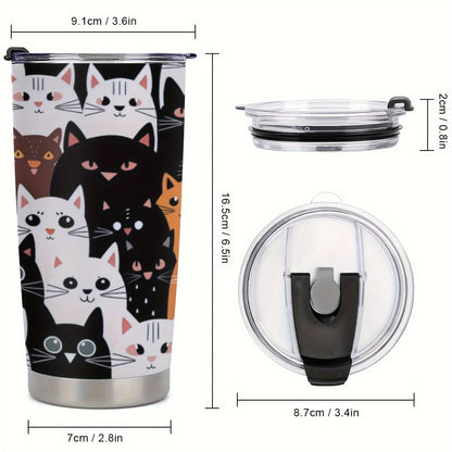 Stainless Steel Tumbler 20oz with Cat Print - Double-Walled Vacuum Insulated Travel Coffee Mug for Car Cup Holder, Leak-Proof Outdoor Cup