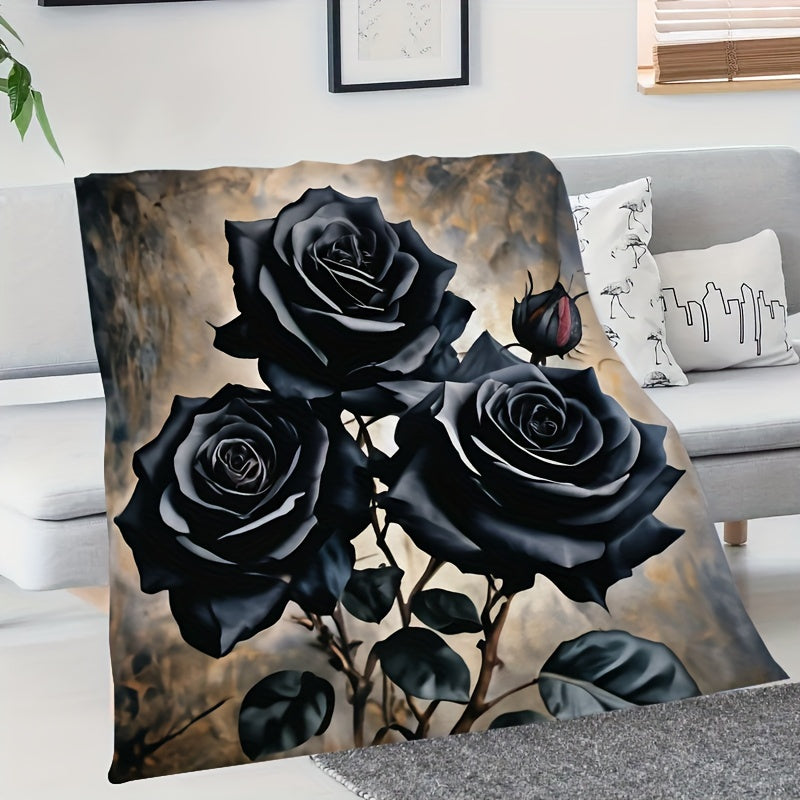 Black Rose Flannel Throw Blanket - Soft All Season Polyester Blanket, Machine Washable Lightweight for Couch, Bed, Office, Cozy Home Decor Gift