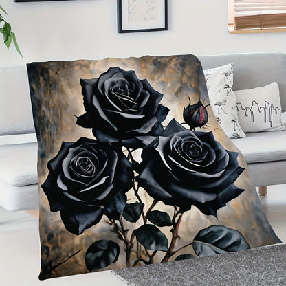 Black Rose Flannel Throw Blanket - Soft All Season Polyester Blanket, Machine Washable Lightweight for Couch, Bed, Office, Cozy Home Decor Gift