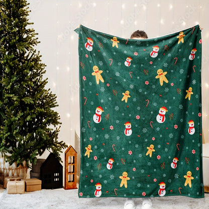 Green Plush Gingerbread Throw - Super Soft & Warm Christmas Blanket, All-Season Holiday Decor for Couch & Bed
