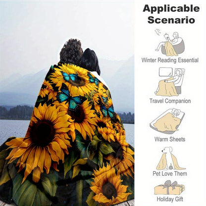 Sunflower & Blue Butterfly Flannel Throw - Vibrant Lightweight Blanket | Uplifting Nature Design for Multi-Scene Use at Home, Outdoors, or as a Gift
