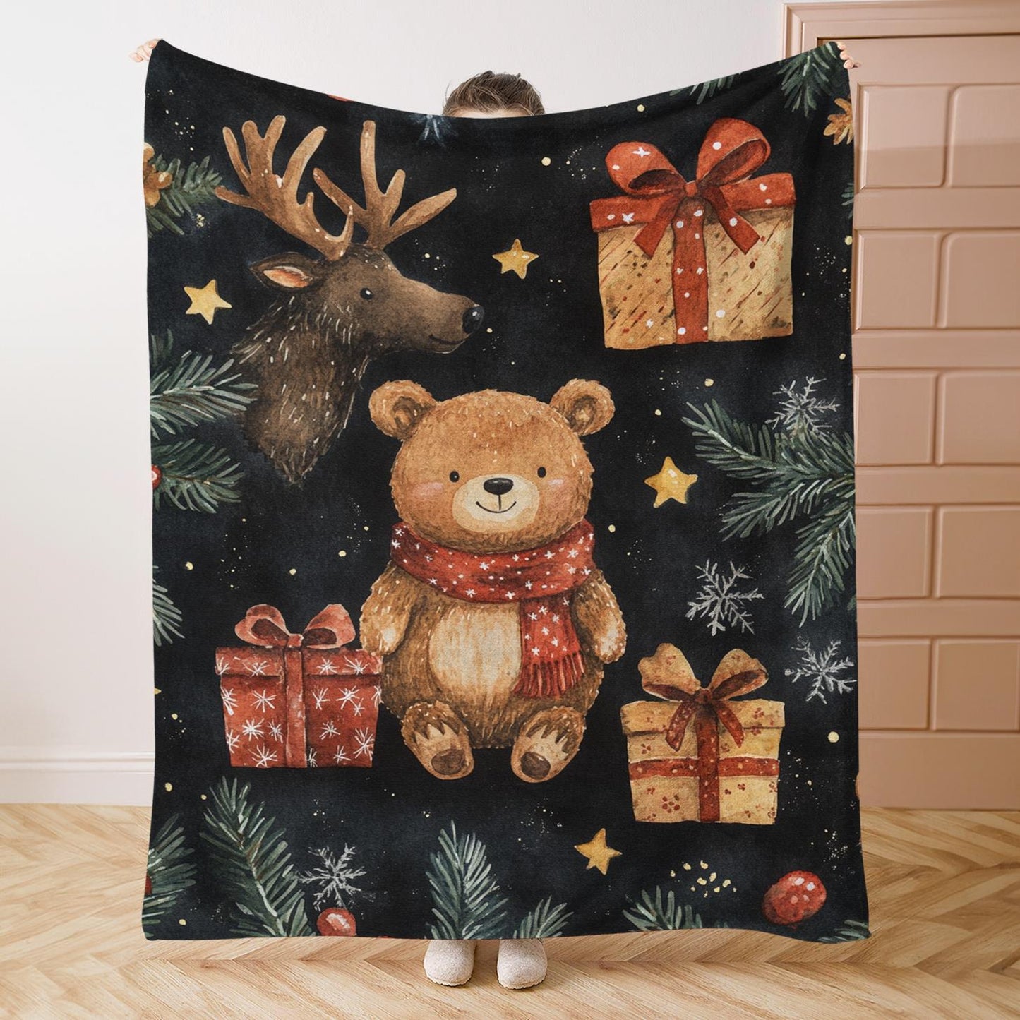 Teddy Bear & Reindeer Christmas Blanket - Plaid Snowflake Flannel Throw, Cozy Fall Winter Family Gift