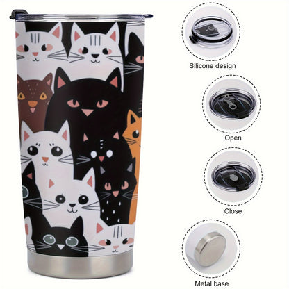 Stainless Steel Tumbler 20oz with Cat Print - Double-Walled Vacuum Insulated Travel Coffee Mug for Car Cup Holder, Leak-Proof Outdoor Cup