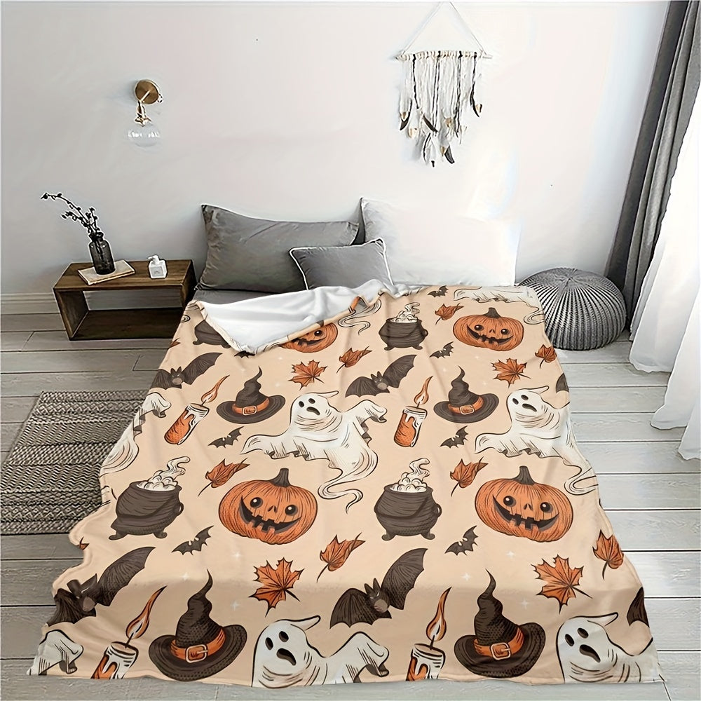 Halloween Maple Leaf Pumpkin Ghost Blanket - Cozy Flannel Throw for Fall & Halloween Decor, Soft Family Gift, Festival Couch Bed Cover