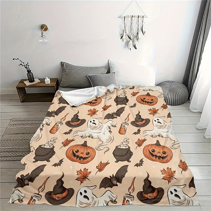 Halloween Maple Leaf Pumpkin Ghost Blanket - Cozy Flannel Throw for Fall & Halloween Decor, Soft Family Gift, Festival Couch Bed Cover