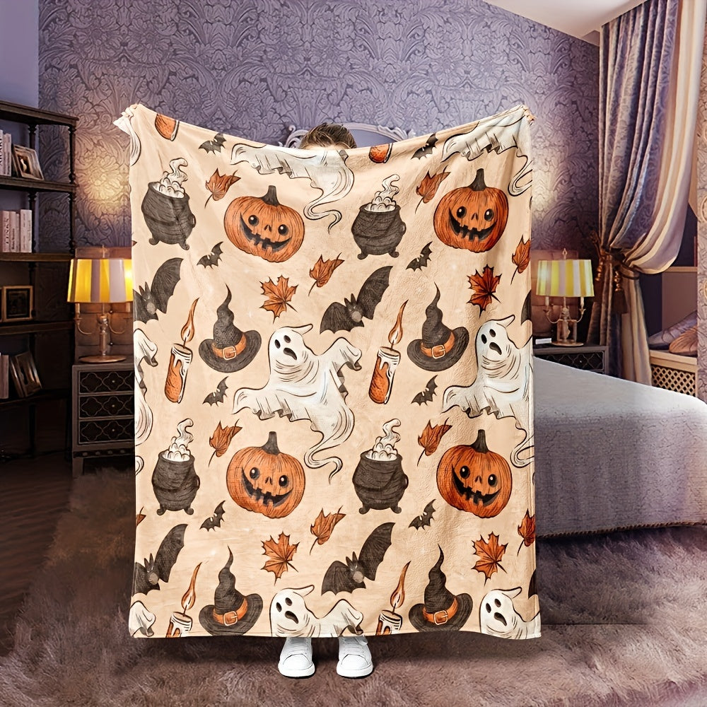 Halloween Maple Leaf Pumpkin Ghost Blanket - Cozy Flannel Throw for Fall & Halloween Decor, Soft Family Gift, Festival Couch Bed Cover