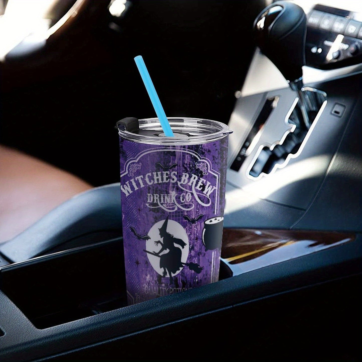 Gothic Witch's Brew Tumbler 20oz - Halloween Insulated Mug with Witch on Broomstick & Cauldron Design, Stainless Steel with Locking Lid & Straw, Spooky Gift
