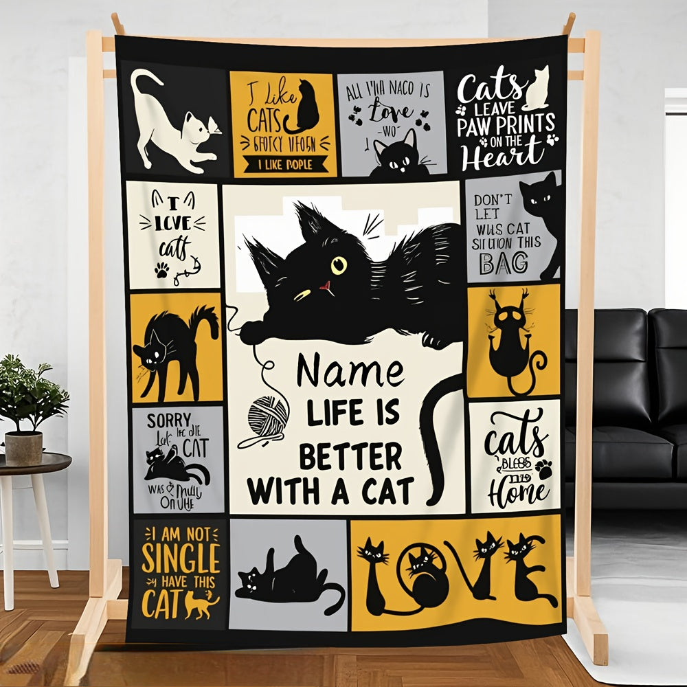 Custom Cat Throw Blanket with Your Name - Personalized Black Cat, Heart & Tote Bag Print | All-Season Flannel Gift for Cat Parents & Home