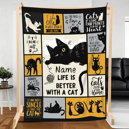Custom Cat Throw Blanket with Your Name - Personalized Black Cat, Heart & Tote Bag Print | All-Season Flannel Gift for Cat Parents & Home