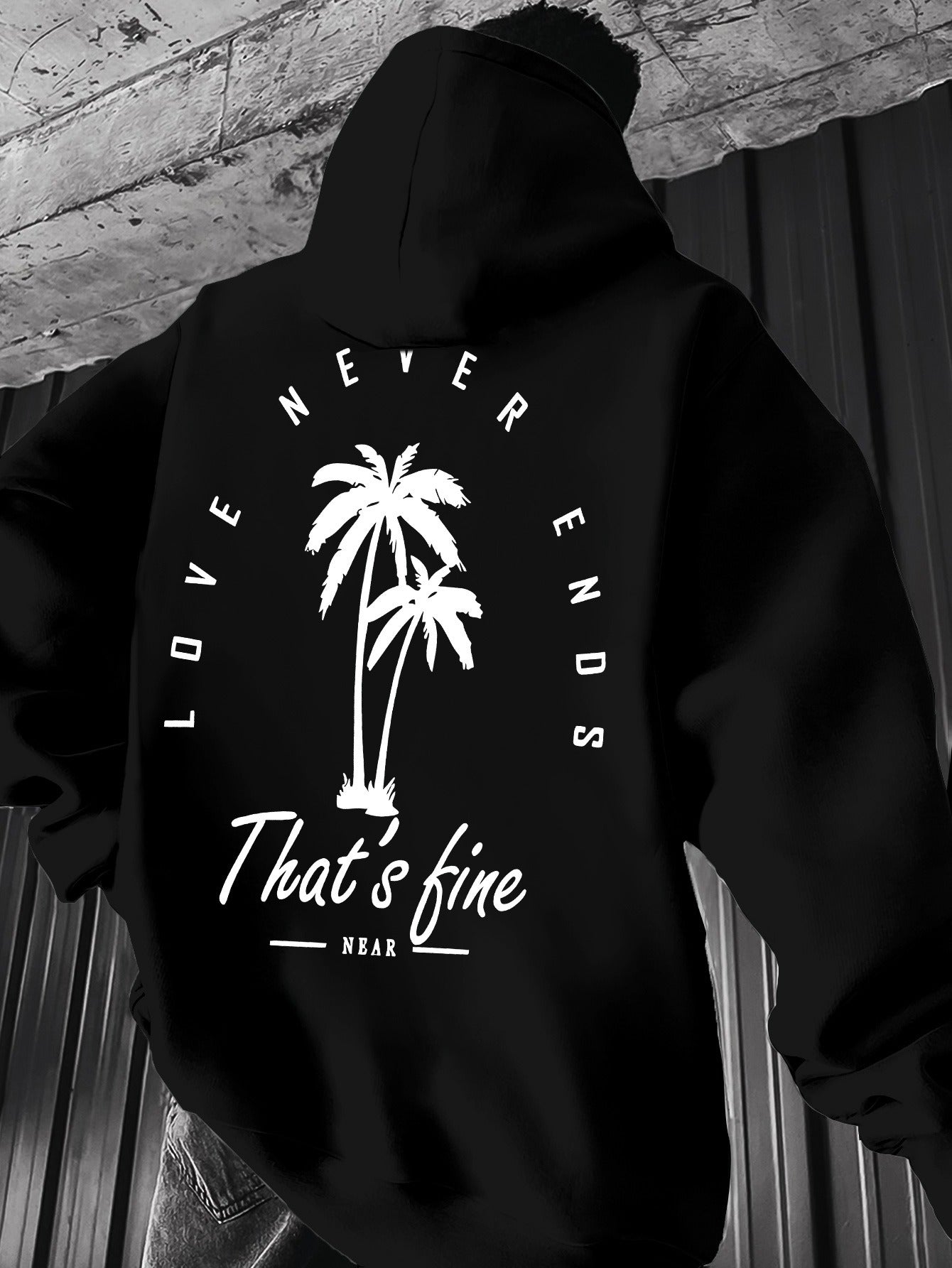 “Love Never Ends” Palm Tree Hoodie - Men's Black Graphic Pullover with Kangaroo Pocket, Laid-Back Casual Style