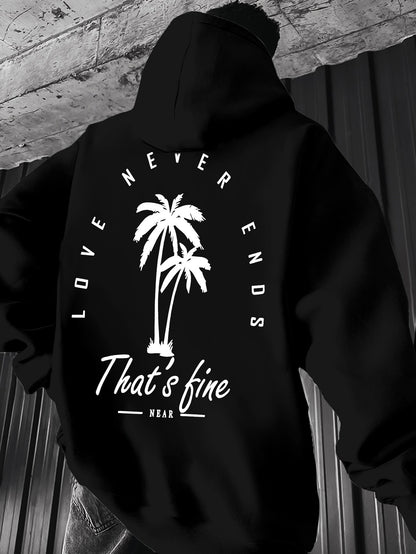 “Love Never Ends” Palm Tree Hoodie - Men's Black Graphic Pullover with Kangaroo Pocket, Laid-Back Casual Style