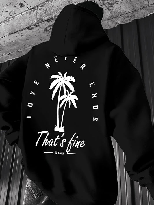 “Love Never Ends” Palm Tree Hoodie - Men's Black Graphic Pullover with Kangaroo Pocket, Laid-Back Casual Style