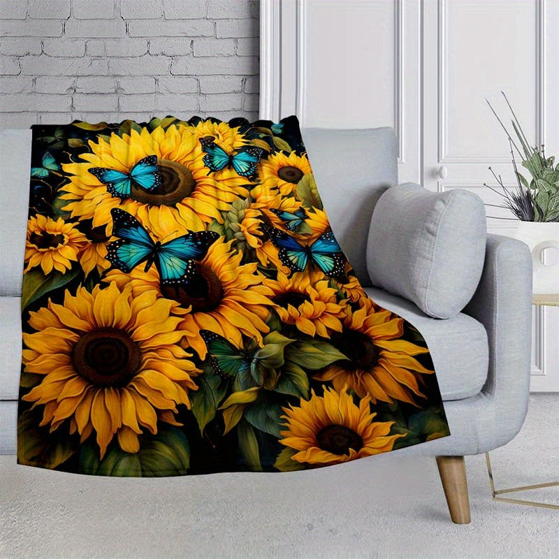 Sunflower & Blue Butterfly Flannel Throw - Vibrant Lightweight Blanket | Uplifting Nature Design for Multi-Scene Use at Home, Outdoors, or as a Gift