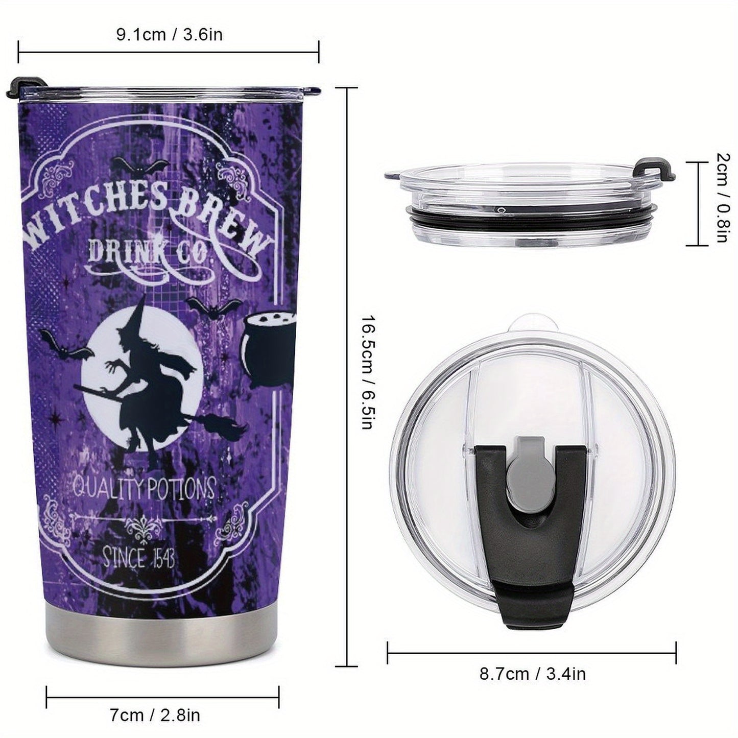 Gothic Witch's Brew Tumbler 20oz - Halloween Insulated Mug with Witch on Broomstick & Cauldron Design, Stainless Steel with Locking Lid & Straw, Spooky Gift