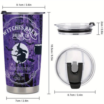 Gothic Witch's Brew Tumbler 20oz - Halloween Insulated Mug with Witch on Broomstick & Cauldron Design, Stainless Steel with Locking Lid & Straw, Spooky Gift
