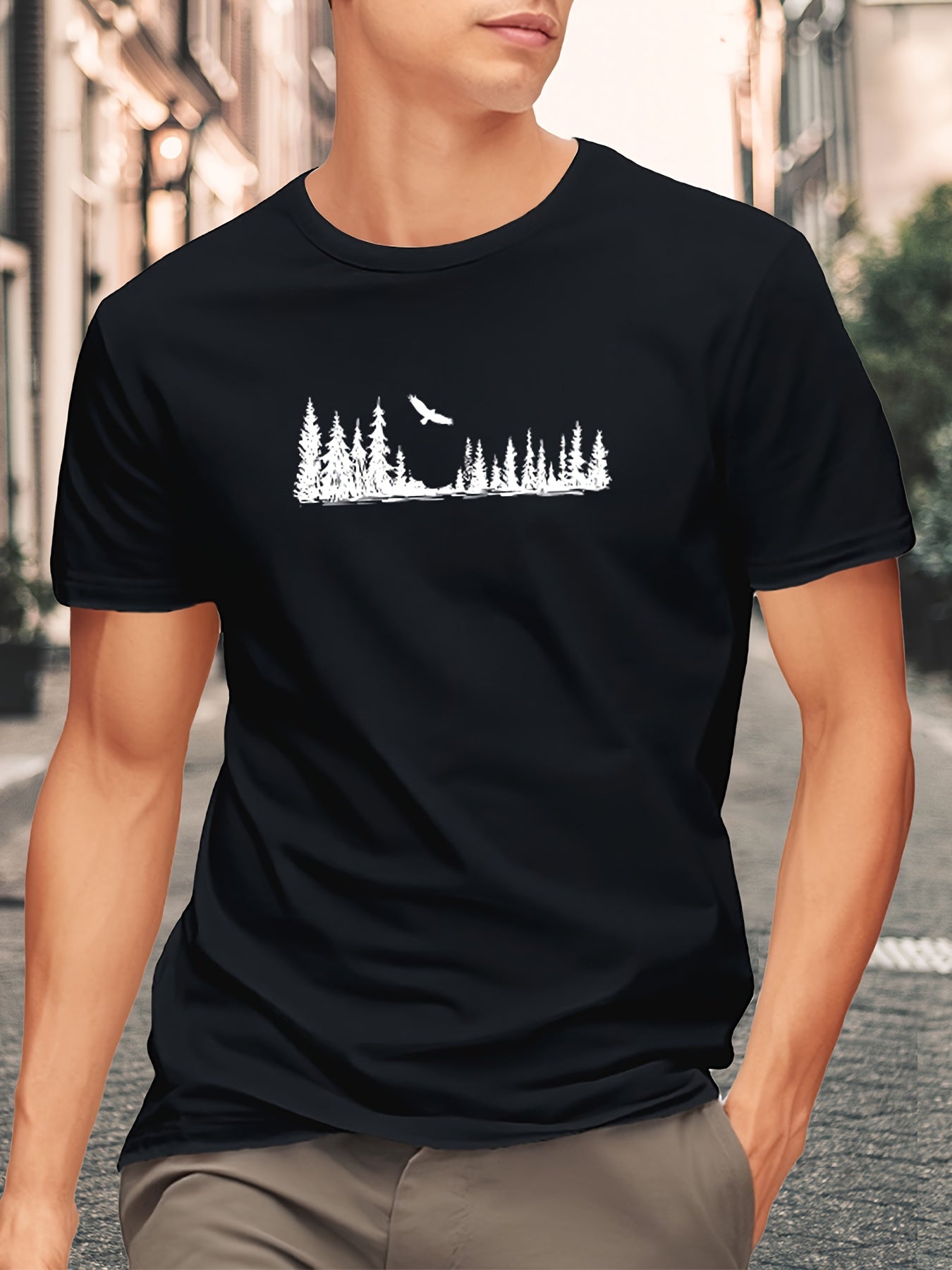 Men's Black Forest Print T-Shirt - Breathable Short Sleeve Crewneck | Casual Daily Wear Tee Shirts Tops