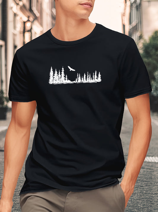 Men's Black Forest Print T-Shirt - Breathable Short Sleeve Crewneck | Casual Daily Wear Tee Shirts Tops