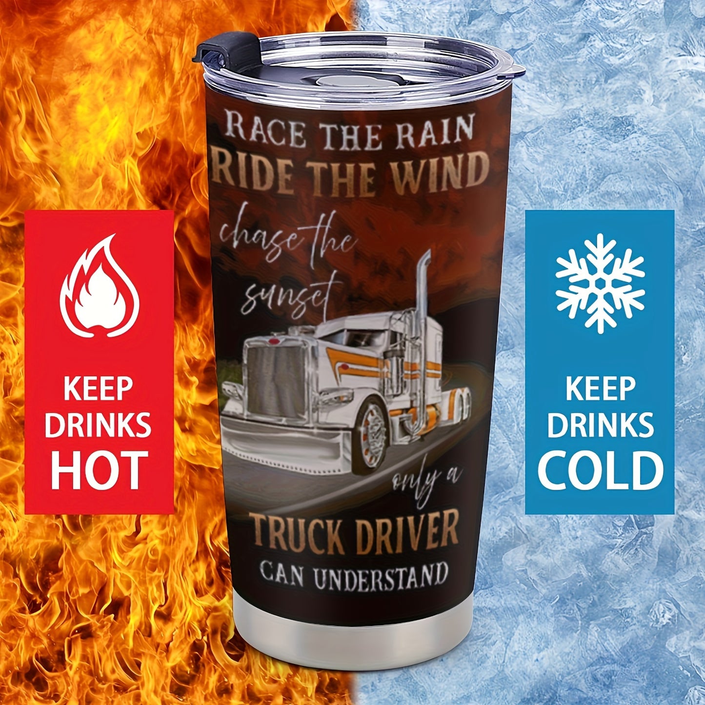 "King of the Road" Truck Driver Mug - 20oz Insulated Sunset & Highway Graphic Tumbler | Cool Gift for Long Haul Drivers, Stainless Steel Travel Cup