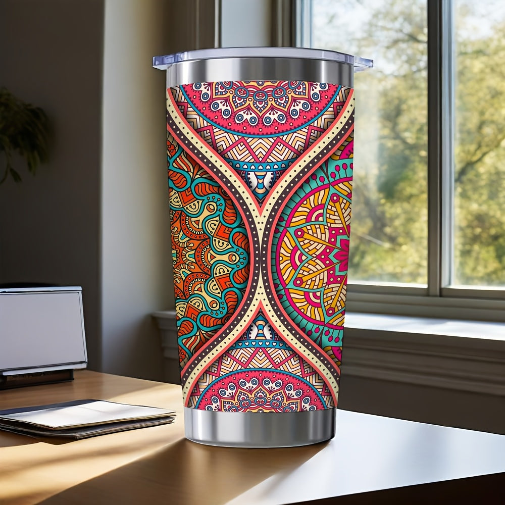 20oz Mandala Insulated Travel Mug - Vibrant Colorful Thermos Cup with Leak-Proof Lid, Keeps Drinks Hot & Cold for Hours - Perfect Gift for Office, Sports, Yoga, Valentines & Mothers Day