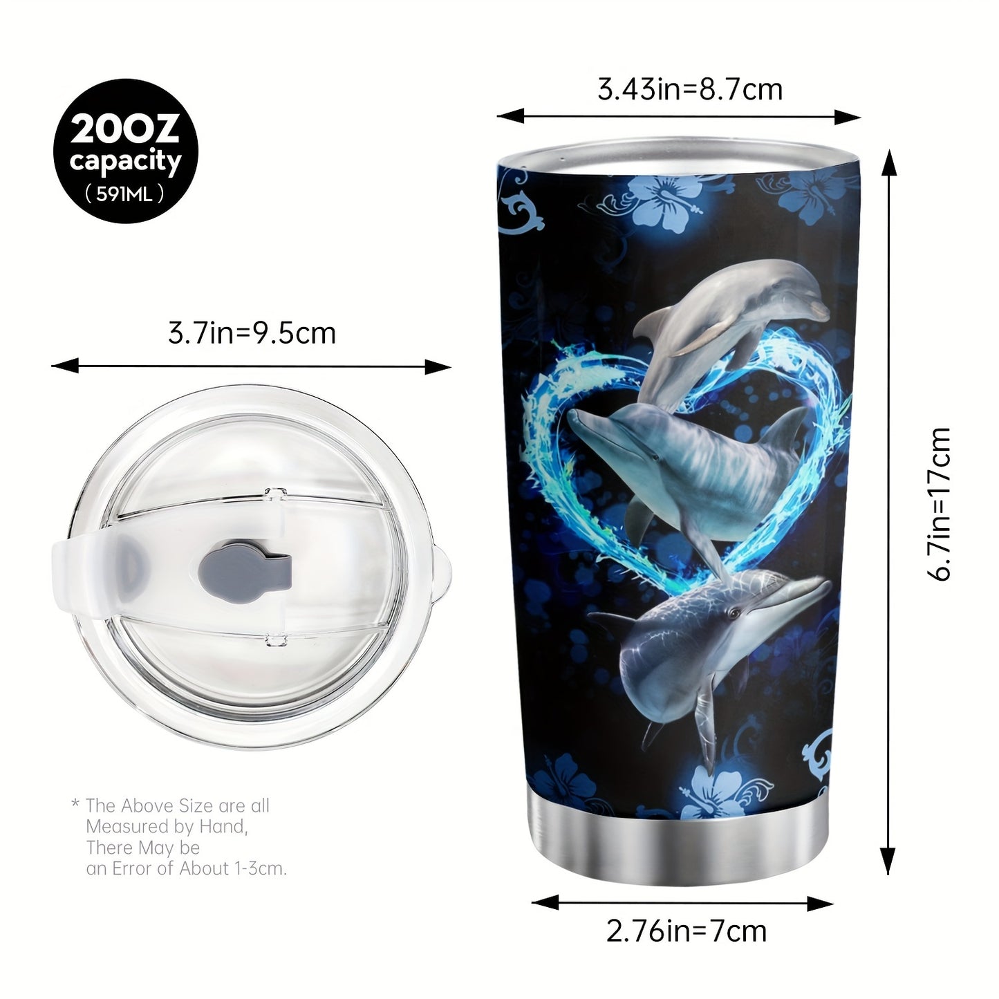 Ocean’s Embrace Dolphin Tumbler – 20oz Stainless Steel with Heart Design, Whimsical Gift for Dolphin Lovers