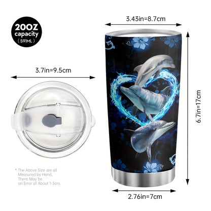 Ocean’s Embrace Dolphin Tumbler – 20oz Stainless Steel with Heart Design, Whimsical Gift for Dolphin Lovers