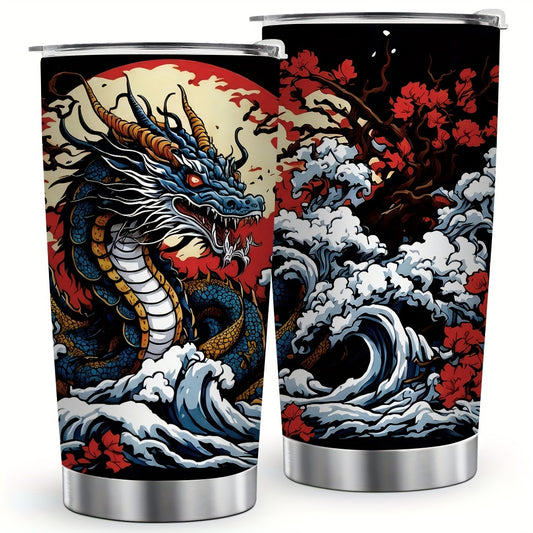 Dragon & Cherry Blossom Tumbler 20oz - Stainless Steel Insulated Travel Mug | Lunar New Year Gift, Storm Design, Leak-Proof & Dishwasher Safe