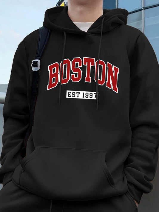 Boston City Print Hoodie - Men's Urban Streetwear Pullover with Red Lettering & Kangaroo Pocket, Casual Statement Sweatshirt