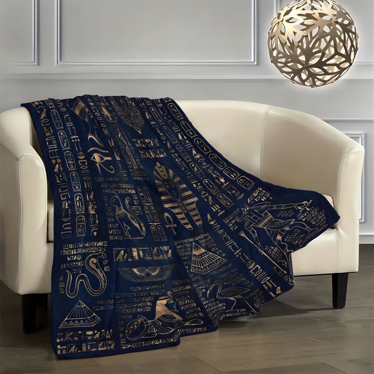 Egyptian Pharaoh Blanket - Hieroglyphics & Golden Pyramid Print on Deep Blue Flannel, Luxurious Sofa Throw Blankets Decor Gift
